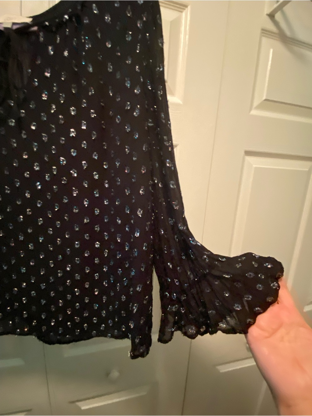 LOFT  Black Peasant Long Sleeve Blouse with metallic color dots Size Large - Picture 6 of 11